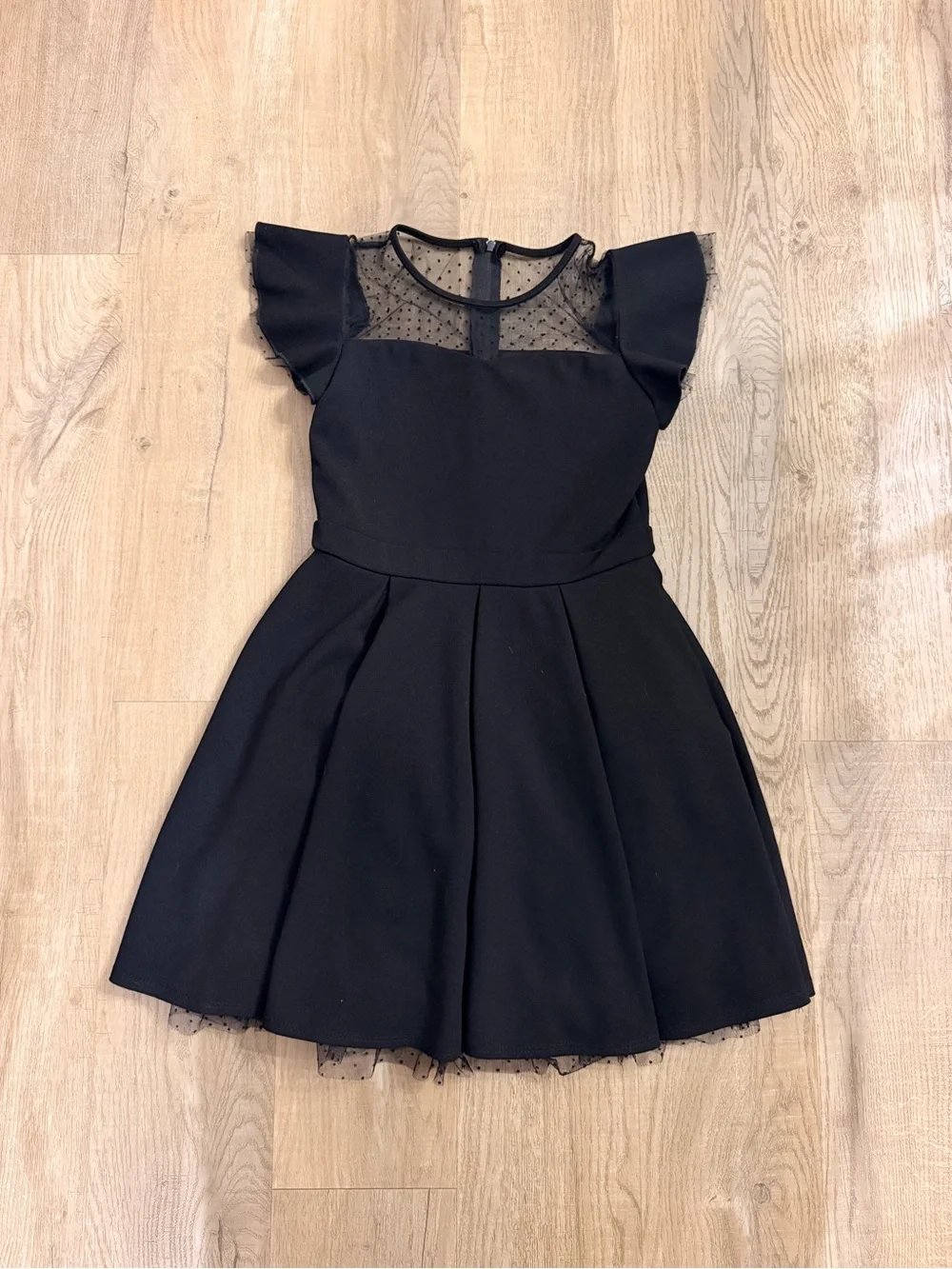 Girls' Party Dress Black with Sheer Polka-Dot Yoke and Flutter Sleeves